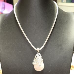 Handmade Romantic Natural Rose Quartz Gemstone Silver Tone Mesh Necklace 17